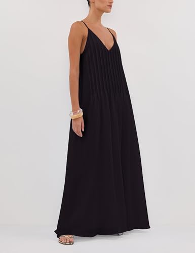 Image of Anoumcy Summer Pleated Maxi Dresses for Women 2026 Spaghetti Strap V Neck Vacation Beach Long Flowy Boho Sundress