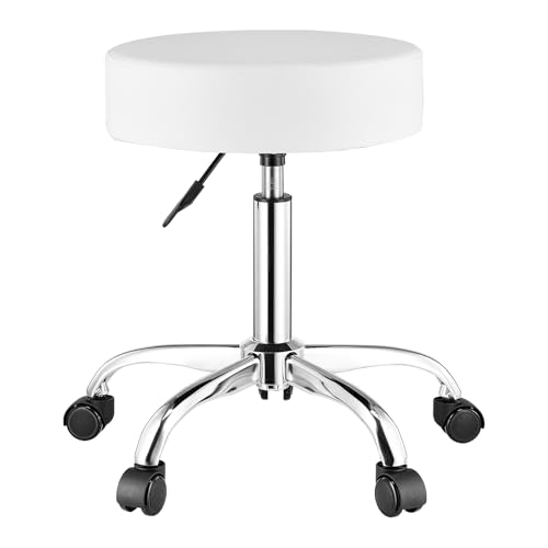 Image of VEVOR Rolling Stool with Wheels, 450 LBS Weight Capacity Round Rolling Stool Chair, Height Adjustable Thickened PU Leather Swivel Stool for Salon, Spa, Massage, Tattoo, Clinic, White