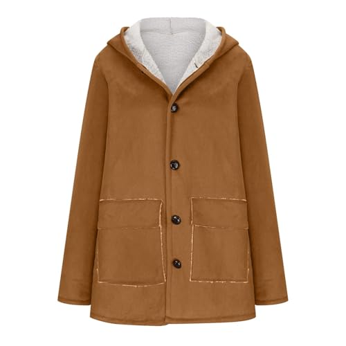 HOTYD Womens Faux Suede Warm Winter Coats with Fuzzy Cuffs Button Open Front Hooded Jacket Fleece Lined Pea Coat with Pocket3