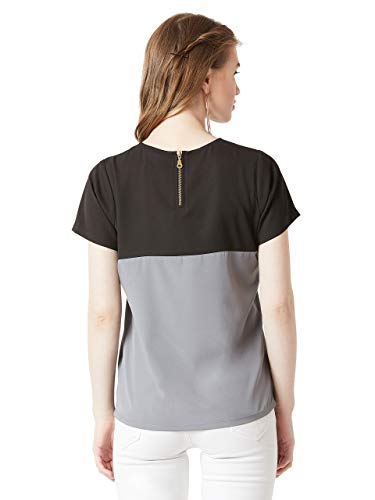 Image of Miss Chase Women's Navy Blue and Yellow Round Neck Boxy Top