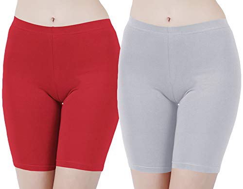 Image of Buy That Trendz Cotton Lycra Tight Fit Stretchable Cycling Shorts Womens | Shorties for Active wear /Exercise /Workout /Yoga /Gym /Cycle /Running Red Grey Combo Pack of 2