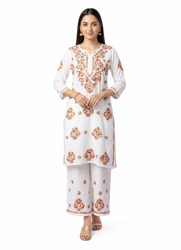 Image of Floral Embroidered Women Kurta Pant Set Straight Fit Cotton Blend Kurti with Palazzo Bottom Ethnic Wear for Office, Festive, Casual and Everyday Comfort