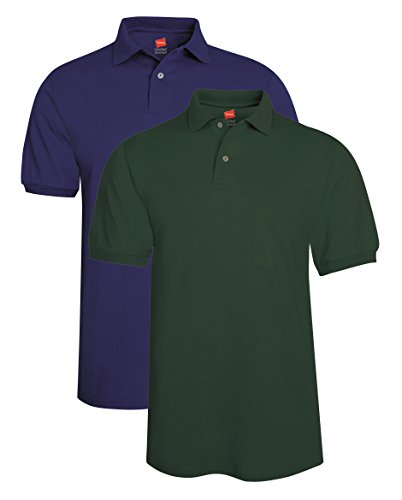 Hanes Men's 2 Pack Short Sleeve Jersey Pocket Polo, Navy/Deep Forest, XL