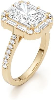 14K White/Yellow Gold Moissanite 3.15 TCW (2.5ct Center, VVS1 Clarity, D-E Color Emerald Shape) Engagement Ring With Baguette &amp; Round Shaped Side Stones Promise Rings Gift For Her Rings For Women