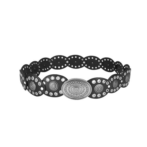 Wide Disc Belt for Women Hollow Leather Round Waist Belt Boho Disk Concho Cowgirl Waist Belt for Jeans Dresses