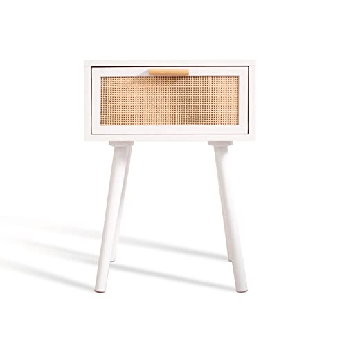 Alguer Living Mesita de Noche Blanca Diana | Mesita de Noche Flotante de ratán con cajón | Estilo Natural, Vintage, midcentury | Madera y ratán Natural | Altura 56cm