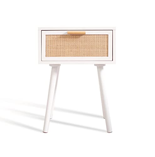 Alguer Living Mesita de Noche Blanca Diana | Mesita de Noche Flotante de ratán con cajón | Estilo Natural, Vintage, midcentury | Madera y ratán Natural | Altura 56cm