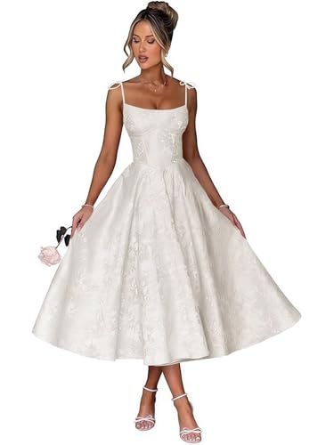 Zymhae Tea Length White Wedding Dresses for Bride Jacquard A Line Lace Up 2026 Midi Wedding Dress...