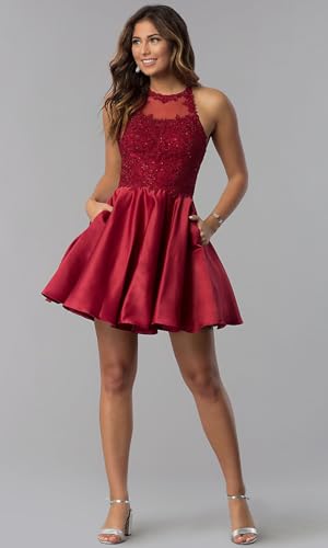 Satin Lace-Applique Homecoming Dresses Short with Pockets Halter Cocktail Dresses for Teens WD0294