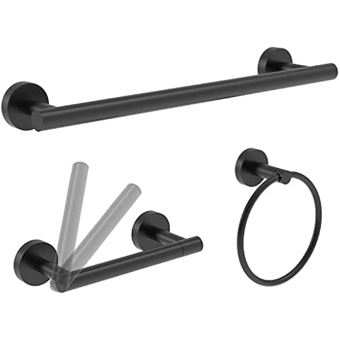RARXTR 3pc Bathroom Hardware Set with Matte Black Toilet Paper Holder & Towel Ring & Towel Bar SUS304 Stainless Steel Toilet Paper Roll Holder Wall Mount & Bathroom Towel Holder & Towel Rack Set Cover