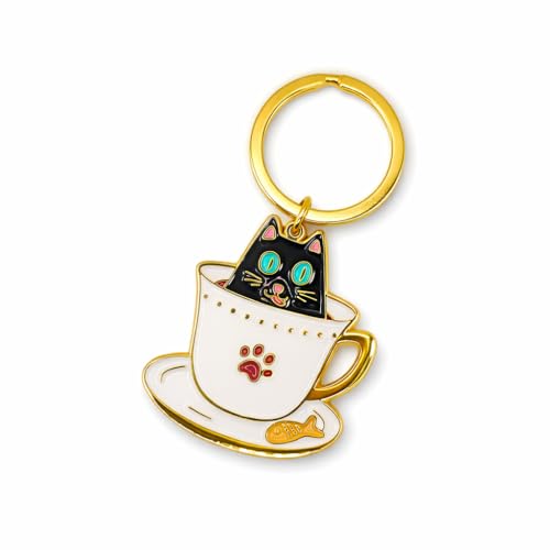 Kit Poket - Llavero Gato en Taza de Café - Ilustración Española - Metal Dorado
