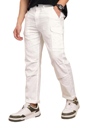 Image of Vogaan Men Cotton Linen Blend Cargo Pants | Mid Rise Regular Fit Casual Trousers | Multi Pocket Utility Bottom Wear | Comfortable Breathable Fabric Travel Outdoor Styling