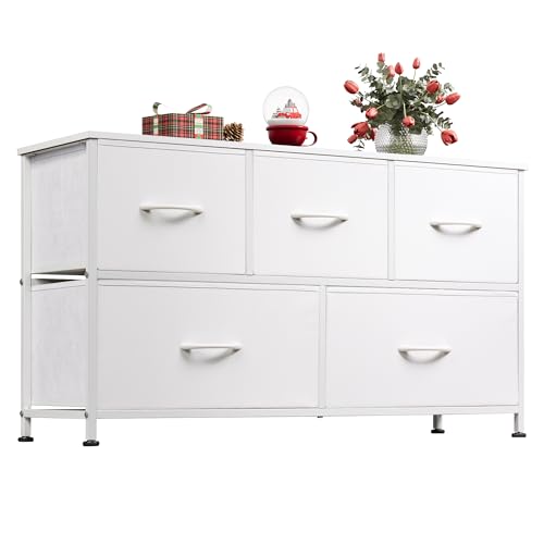 Image of WLIVE Dresser for Bedroom with 5 Drawers, Wide Chest of Drawers, Fabric Dresser, Storage Organization Unit with Fabric Bins for Closet, Living Room, Hallway, White