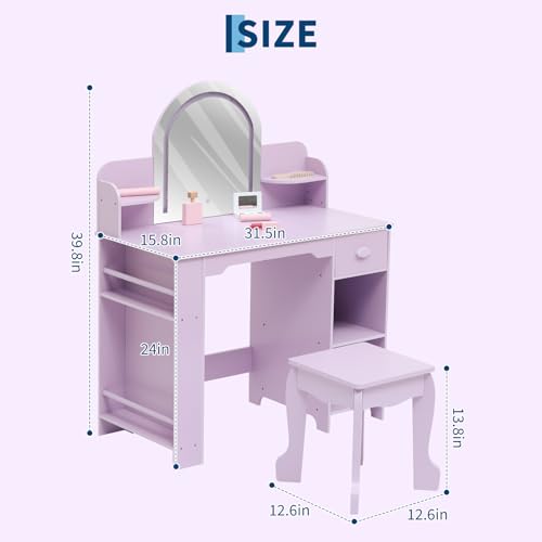 Garvee Kids Vanity with Lighted Mirror & Stool, Little Girls Vanity with Adjustable LED Light, Bookshelf, Storage Drawer & Shelves for Girls 3-9, Purple