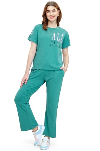 Image of ZEYO Women's Cotton Typography Wide Bottom Night Suit Set of Top & Pajama Set