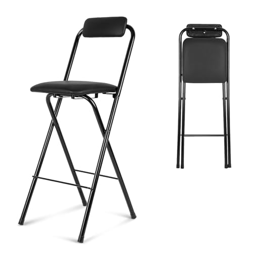 Folding Bar Stool with Back,24 Inch Tall Foldable Stool Chair,Height Cushioned Leather Padded Bar Chair for Kitchen Fishing Hiking Gardening Travel BBQ