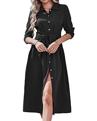 BebreezChic Vestido Camisero Mujer Largo Elegante Cuello en V Manga Largo Botones Color Sólido Túnica Casual Vestido con Cinturón, Negro XL