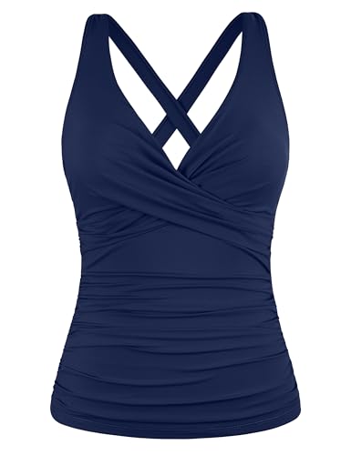 Hilor Tummy Control Tankini Tops for Women Big Busted Women Navy Underwire Push Up Swimsuit Crossover Swim Top 12
