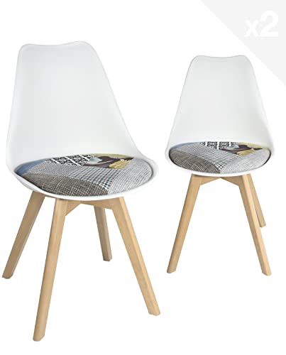 KAYELLES Lot de 2 chaises scandinaves, Coussin Tissu Patchwork Multicolore rembourré, Pieds Bois de hêtre Clair Lao (Blanc Patch Fleuri)
