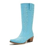 レディースターコイズカウガールブーツ – ワイドカーフ ミッドカーフ ウエスタンブーツ プラスサイズ 刺繍入りカウボーイスタイル ブロックヒール, ターコイズ, 25.0 cm W