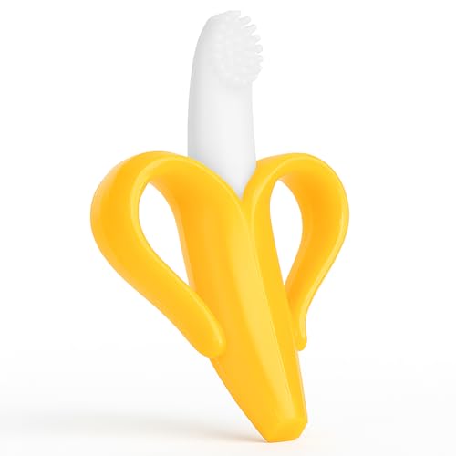 Bananen Zahnbürste und Beißring für Babys - 2 in 1 Erfindung zum Zähneputzen und zur Zahnungshilfe (gelb)