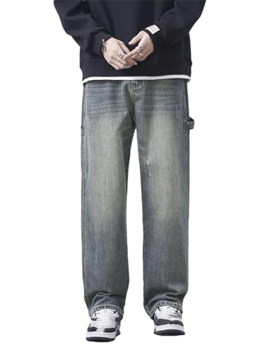 Men's Personalized Splicing Vintage Jeans, Korean Fashion, Straight Casual Cargo Pants, Denim