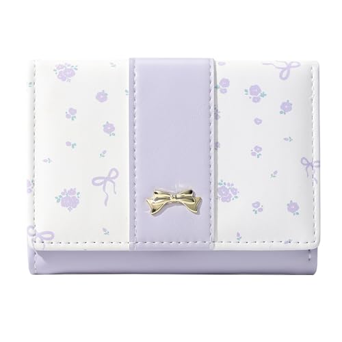 Small Wallet Floral Coquette Bow Wallet Cute Wallet ID 7 Credit Card Slots for Women Girls (PURPLE)