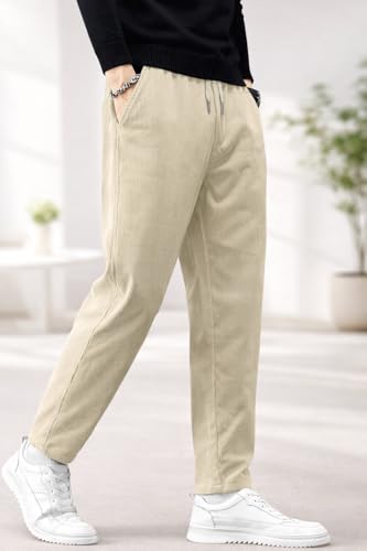 Image of Men's Comfortable Corduroy Pants | Relaxed Fit Stretch Waist Trousers for Everyday Wear Cream