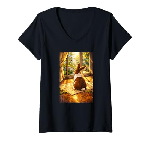 Mujer Dutchie Bunny Sentado adentro Mientras mira afuera Camiseta Cuello V