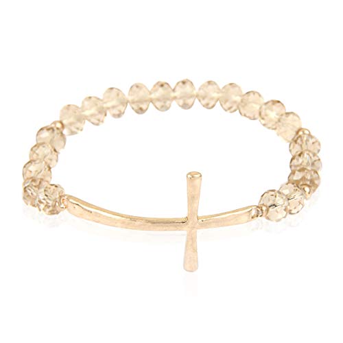 RIAH FASHION Inspirational Lettering Bead Stacking Layer Stretch Statement Bracelets - Religious Message Sparkly Crystal, Wood Bible Christian Prayer Bangle Set (Cross - Champagne)