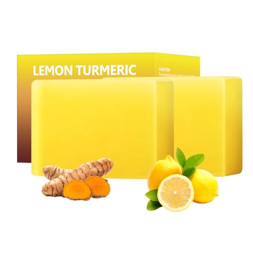 Lemon Turmeric Kojic Acid Soap Bar, Turmeric Soap for Face Body Hands, Deep Cleansing Natural Curcuma Bath Soaps Bar, Moisturizing Facial Cleanser Body Wash for All Skin Types Blemish 2 Bars