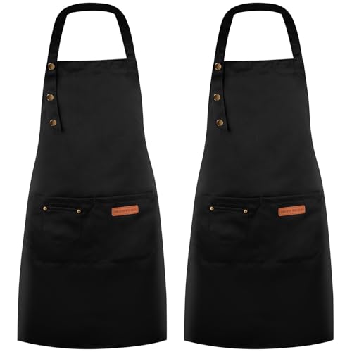 DASHUAIGE 2 Pack Adjustable Waterproof Canvas Aprons, Heavy-Duty Bib with Pockets for Grill & Restaurant Use(Black)