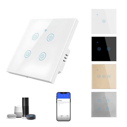 Tujafon WiFi Smart Wall Light Switch, Compatible with Alexa and Google Home, Touch and APP Remote Control, Voice Control and Timer Function (White, 4 Gang)