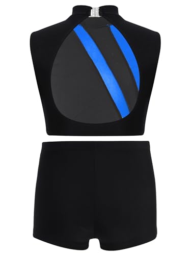 easyforever Girls 2-Piece Gymnastics Wear Shiny Metallic Crop Tank Top with Shorts for Ballet Dance Show Royal Blue 16 Years4