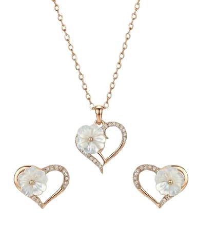 Silver Jems Heart & Floral Pendant & Stud Set, Rose Gold