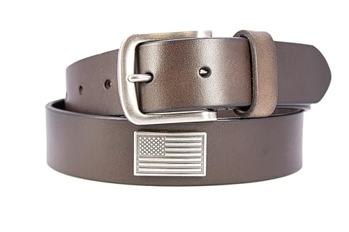 ZEP-PRO American Flag Men's Leather Belt – Brown Full Grain Pullup Strap With Patriotic Emblems – 1.25