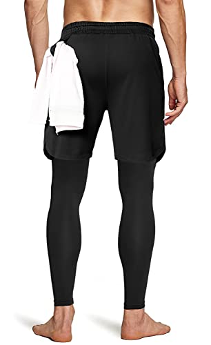 Men's 2 In 1 Running Pants, Gym Workout Compression Pants For Men Training Athletic Pants Black #TOP2