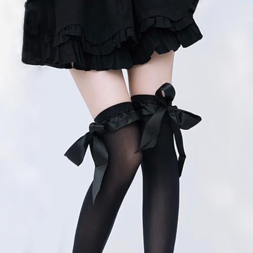 Women Thigh High Boot Socks Satin Ribbon Bow Trim Over Knee Long Stockings Lolita High Socks Frilly Cuffs4
