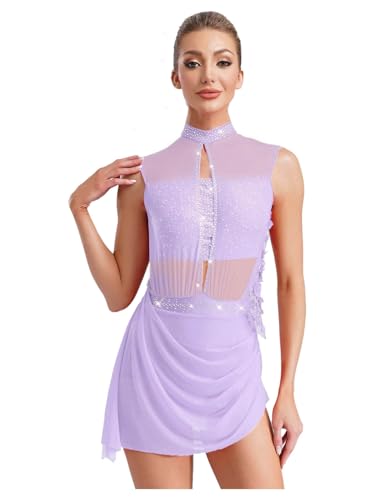 JEATHA Maillot Patinaje Artístico Mujer Vestido Elástico Sin Mangas Leotardo Gimnasia Rítmica Ropa De Baile Competencia Actuación Púrpura Claro M