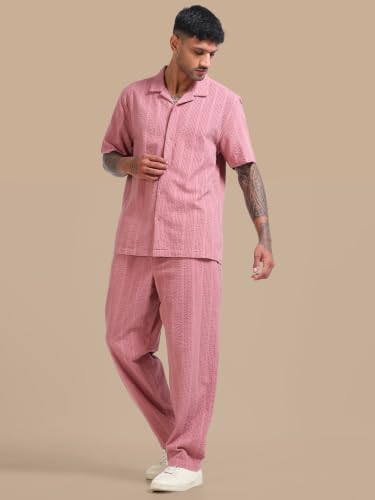 Image of StitchX Men's Airport Look Textured Seersucker Resort Cotton Shirt & Trouser Co-Ord Set S-2XL