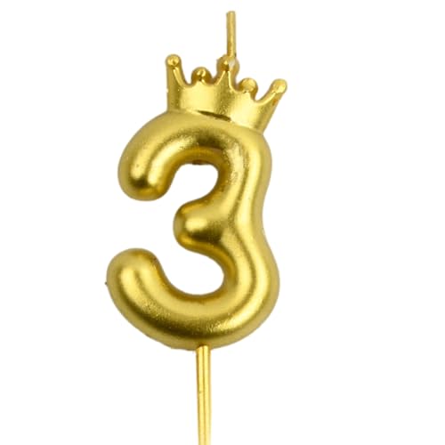 Wisebom Números Velas Cumpleaños, 1Pcs Velas Corona 3D Numéricas Dorada, Velas de Números de Pastel Decoración para Tartas Cumpleaños Aniversario Fiesta (3)