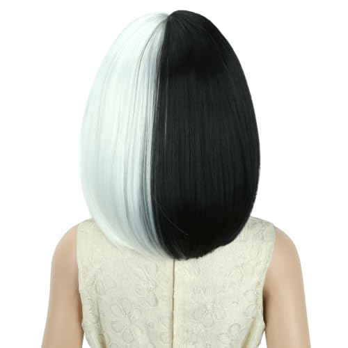 Image of PATTNIUM Black and White Bob Wig for Kids Girls Short Straight Wig with Bangs Cosplay Party Synthetic Rose Net Daily Wear Wig