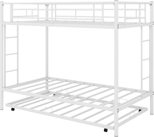 Image of Metal Bunk Bed with Trundle | Heavy Duty Triple Sleeper Bed Frame | Space Saving Double Deck Bed with Ladder & Safety Guard Rails for Kids & Adults | White | 75 inch x 39 inch x 65.3 inch