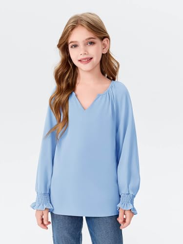 Haloumoning Girls Shirts Long Sleeve V Neck Chiffon Tops Cute Blouses Tops 5-14 Years2