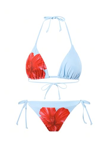 WDIRARA Women's Bikini Sets Floral Print Triangle Halter Tie Back Swimsuit with Cover Up Skirt3