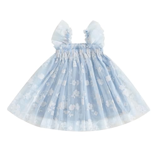 Toddler Baby Girl Summer Tulle Dress Sleeveless Strap Floral A Line Princess Dress Cute Birthday Party Tutu Sundress (Blue + White Flower, 12-18 Months)