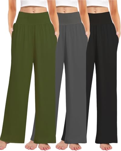 Kivdol Women's 3PACK Casual Loose Wide Leg High Waisted Sweatpants with Pockets - Black, Grey, Army Green - S-XXL