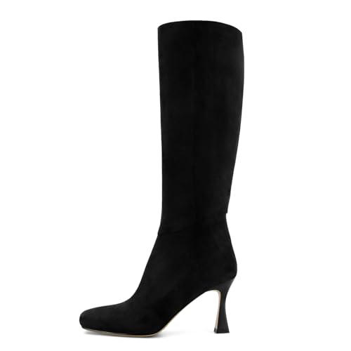 Image of Dsevht Black Leather Knee High Boots for Women Stiletto Kitten Heeled Sexy Boots Square Toe and Side Zipper Design Fashion Dress Boots