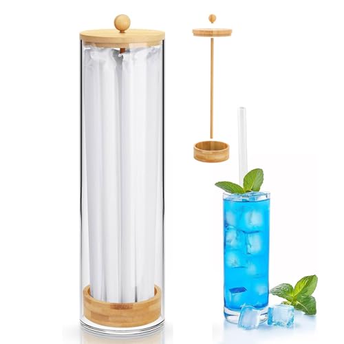 JYPS 13-Inch Acrylic Straw Dispenser with Bamboo Lid with 100 Colorful Straws, Transparent Counter Container Countertop Organizer for Kitchen, Office,Cabinet Storage, Holds Pencils, Cutlery