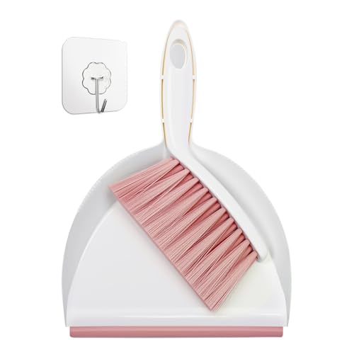 Mini Handheld Broom and Dustpan Set – Small Cleaning Set with 7' Wide Dustpan Opening, Compact & Cute Design, Hand Brush Bristles for Hair/Debris, Ideal for Pet, Sofa, Kitchen (White & Blush Pink)
